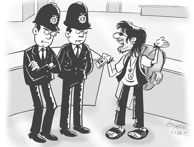 Desembarcar em Londres, cartoon de Gisele Bruns Libutti