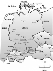 Mapa da Alemanha, Áustria, Suíça, República Tcheca